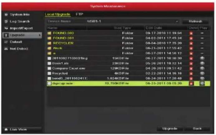 System Maintenance Local Upgrades FTP Device Name: US301-1 Name Size Type Edit Date Refresh Default Play FOUND 000 Folder 09.17.2010 11:19:04 FOUND 001 Folder 04.03-2011 17:45:24 RECYCLER Folder 08-04-2010 17:35:20 Work Folder 06-21-2011 17:55:42 n Folder 06-27-2011 14:56:12 2011062 F103631neg 15KB File 06-27-2011 10:36:30 Book1.xls 23KB File 05-26-2011 18:32:14 Compare Excel.exe 129KB File 04-20-2011 09:51:42 Recycled 4KB File 02-22-2011 14:16:18 bond0_2011062417: 1.024KB File 06-24-2011 17:20:48 Eligcup.net 18.756KB File 06-23-2011 09:05:20 Upgrade Back