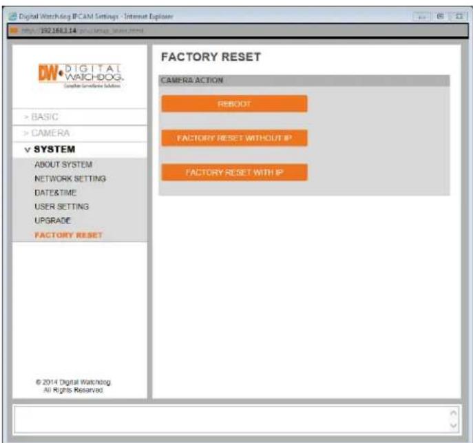 Digital Watchdog MegaPix CaaS DWCA-VF25WIR4-64 - Setup > System > Factory Reset - 1