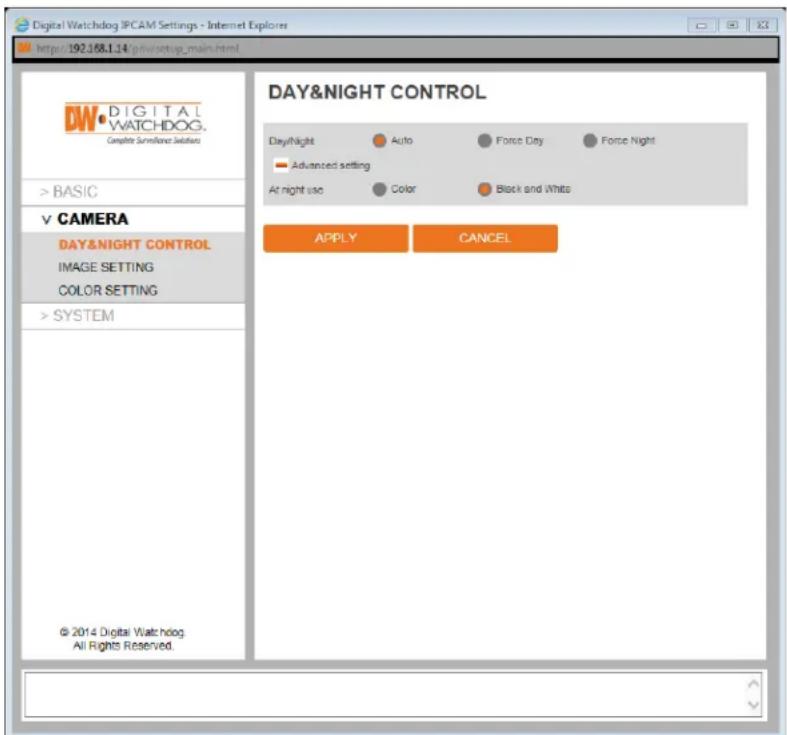 Digital Watchdog MegaPix CaaS DWCA-VF25WIR4-64 - Setup > Camera > Day & Night Control - 1