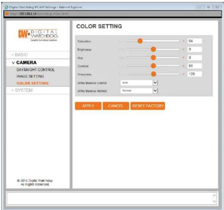 Digital Watchdog MegaPix CaaS DWCA-VF25WIR4-64 - Setup > Camera > Color Setting - 1