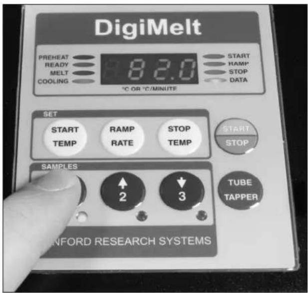 DigiMelt PREHEAT 8.2.0 START READY MELT STOP COOLING DATA °C OR °C/MINUTE SET START RAMP STOP START TEMP RATE TEMP STOP SAMPLES 2 3 TUBE TUBE TAPPER UNFORD RESEARCH SYSTEMS