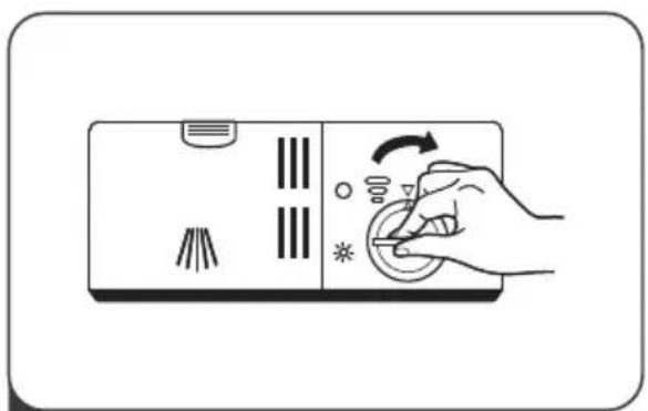 Illustration of a hand pressing down on a device panel with icons for buttons and indicators (no text or symbols)