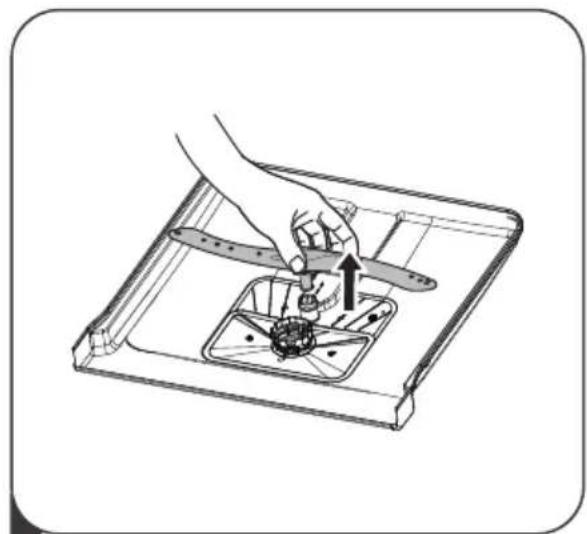 Illustration of a hand using a tool to adjust or install a mechanical component inside a tray (no text or symbols visible)