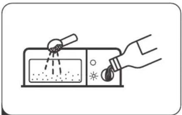 Line drawing of a hand pouring liquid from a container into a microwave oven (no text or symbols)