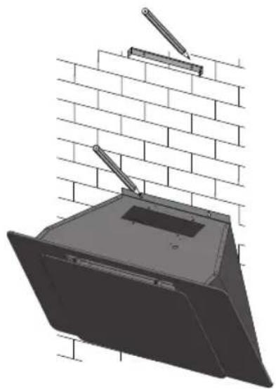 3D rendering of a mechanical device mounted on a brick wall, with no visible text or symbols