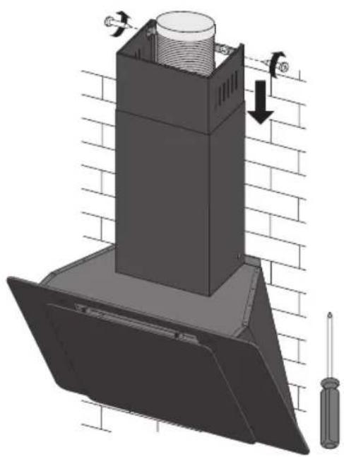 3D diagram of a chimney mounted on a base with screwdriver and directional arrows indicating assembly (no text or symbols)