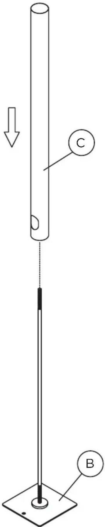 Diagram of a vertical rod with labeled parts C and B, showing a downward force and a base structure.