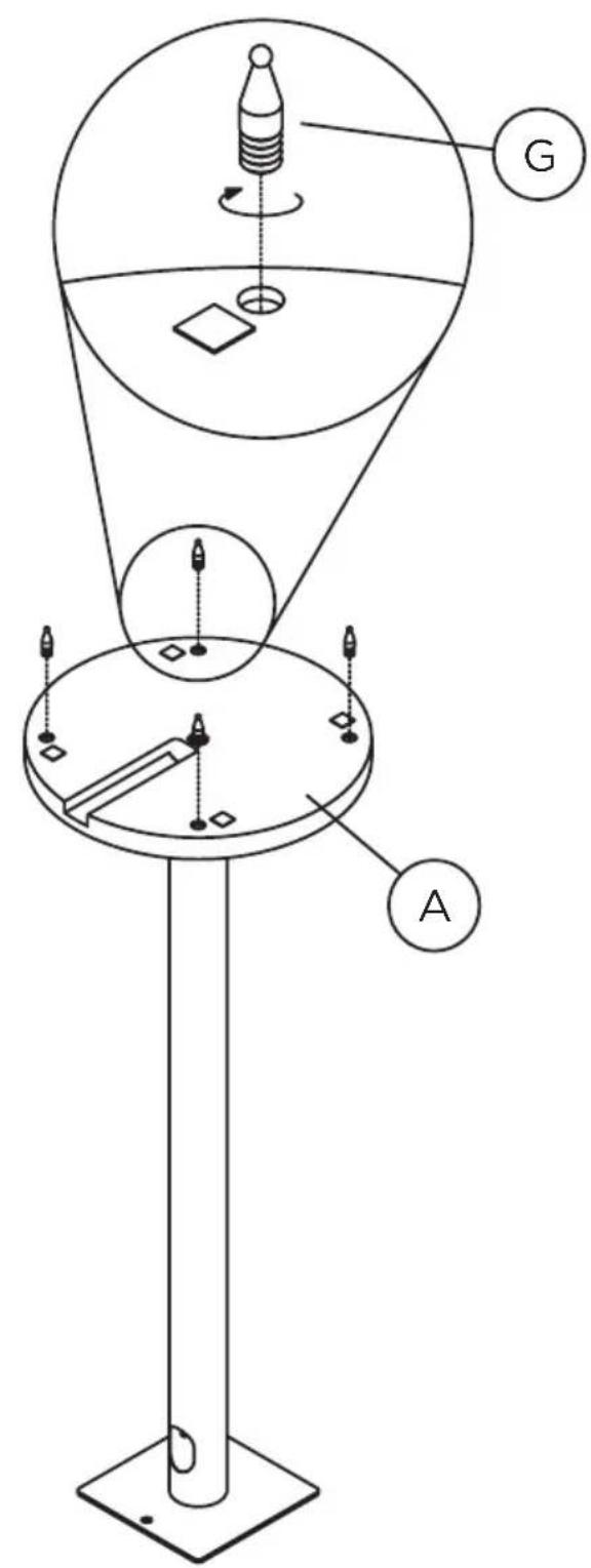 Diagram of a scientific apparatus with labeled components A and G, showing rotating elements and a central platform.