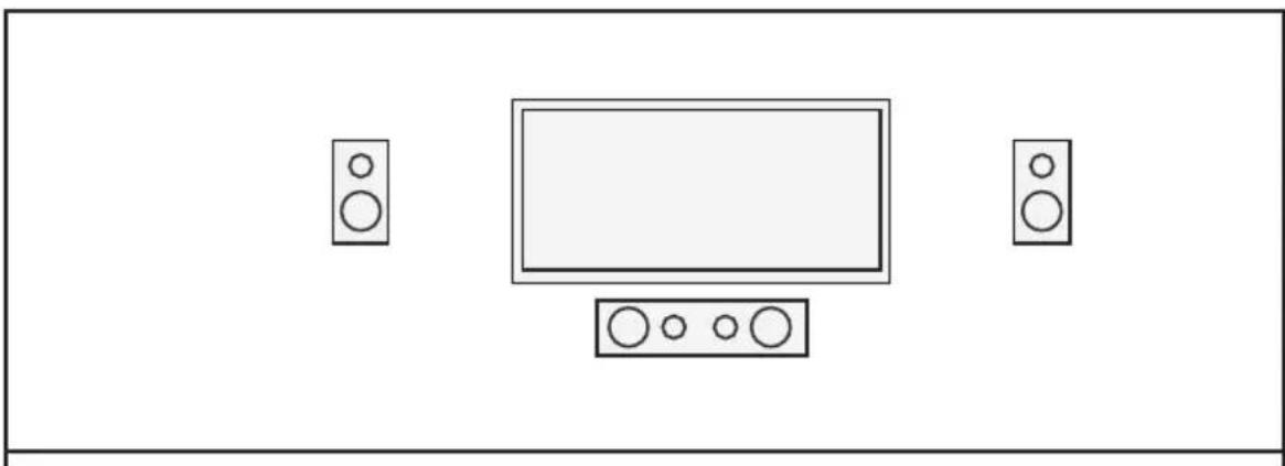 Simple line drawing of a room with a TV and two speakers (no text or symbols)