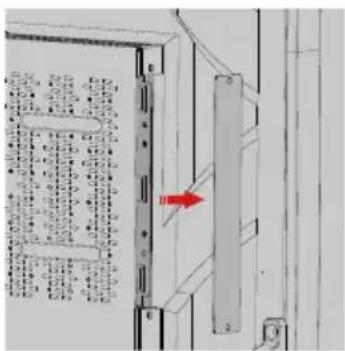 Technical diagram showing a door panel with labeled components and a red arrow indicating direction or movement.