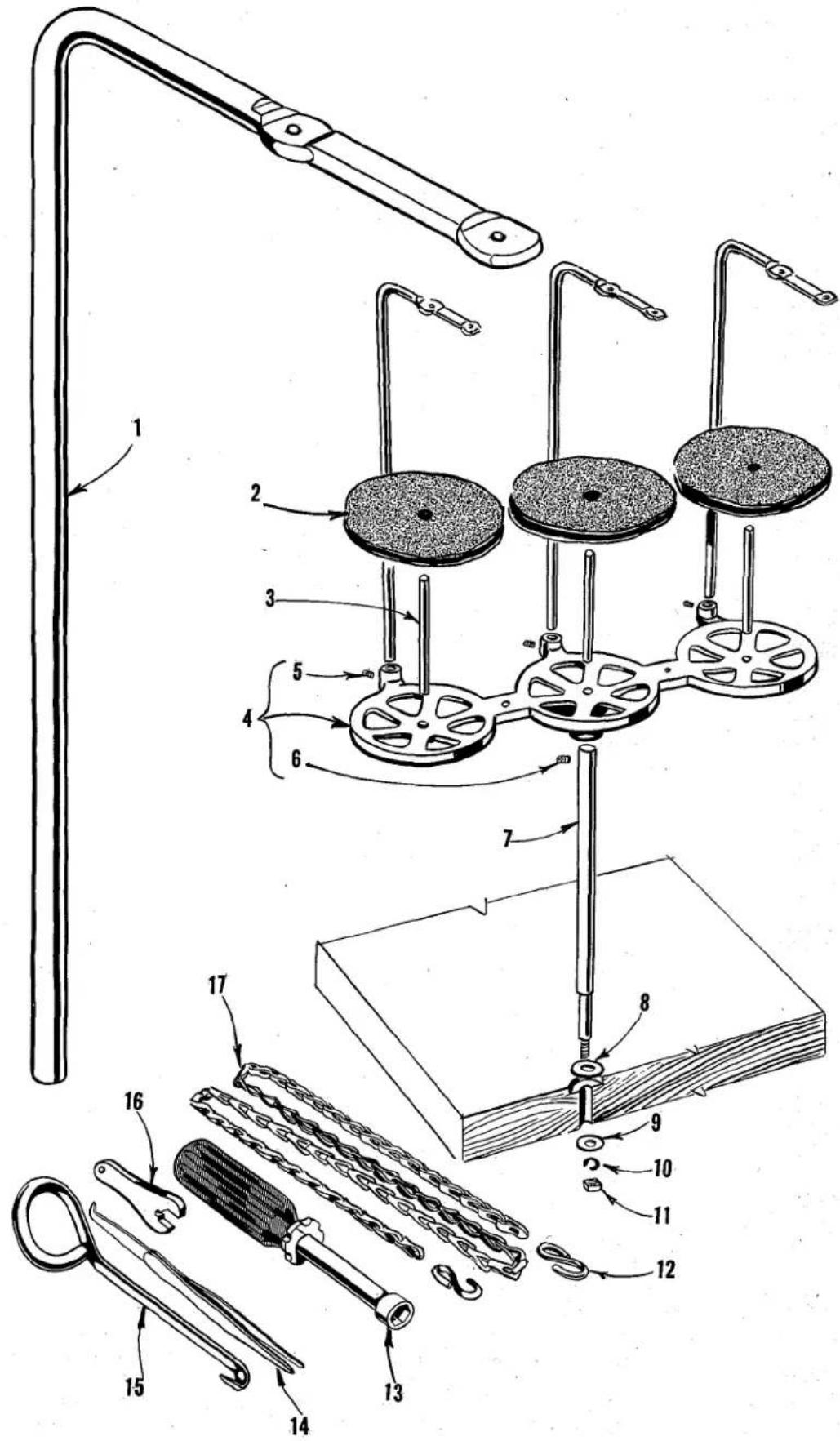 Technical diagram of a mechanical device with numbered components and directional arrows indicating assembly or assembly steps.