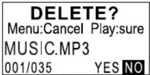 DELETE? Menu:Cancel Play:sure MUSIC.MP3 001/035 YES NO