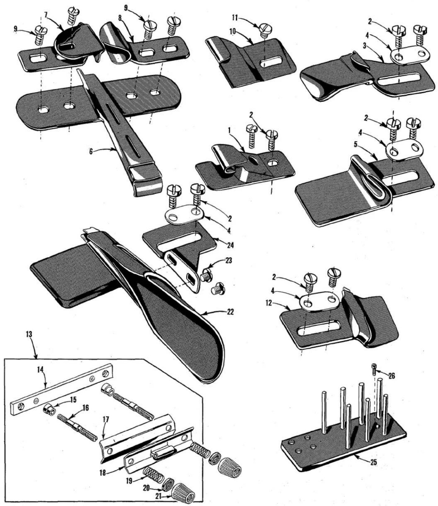Technical diagram of mechanical assembly with numbered parts and exploded views, likely from an engineering manual.