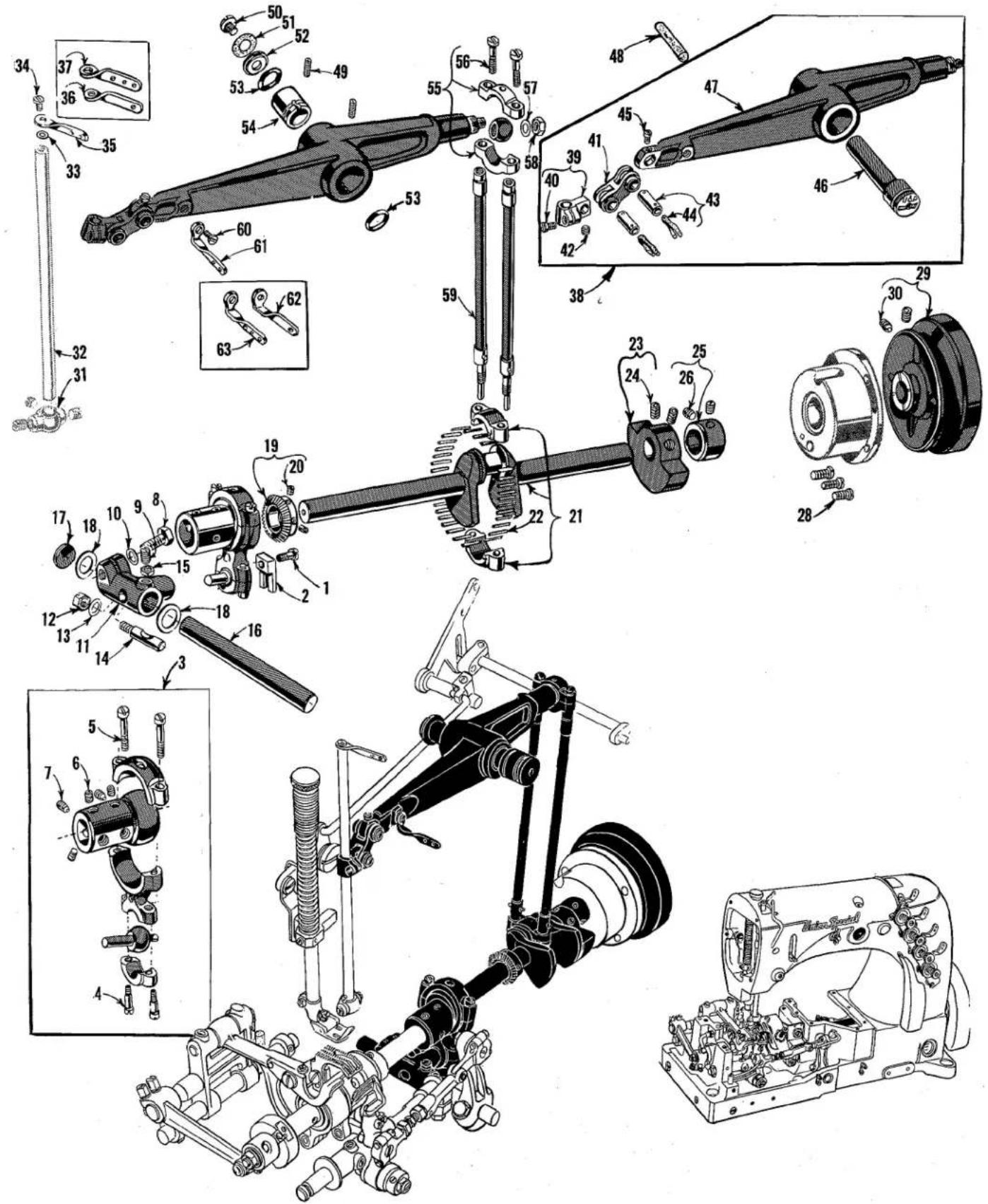 Technical diagram of a mechanical assembly with numbered parts and exploded views, including disassembled components and assembly details.