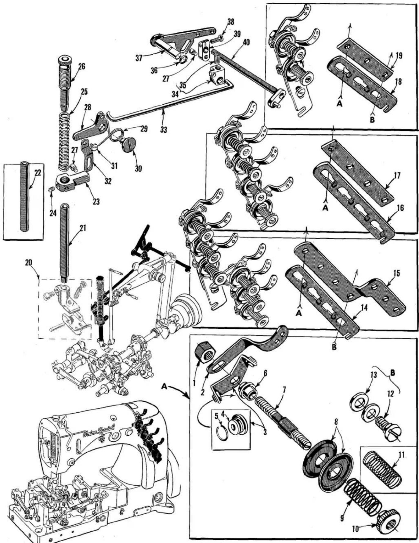 Technical diagram of a mechanical assembly with numbered parts and exploded views, including labeled components like springs, gears, and housing.