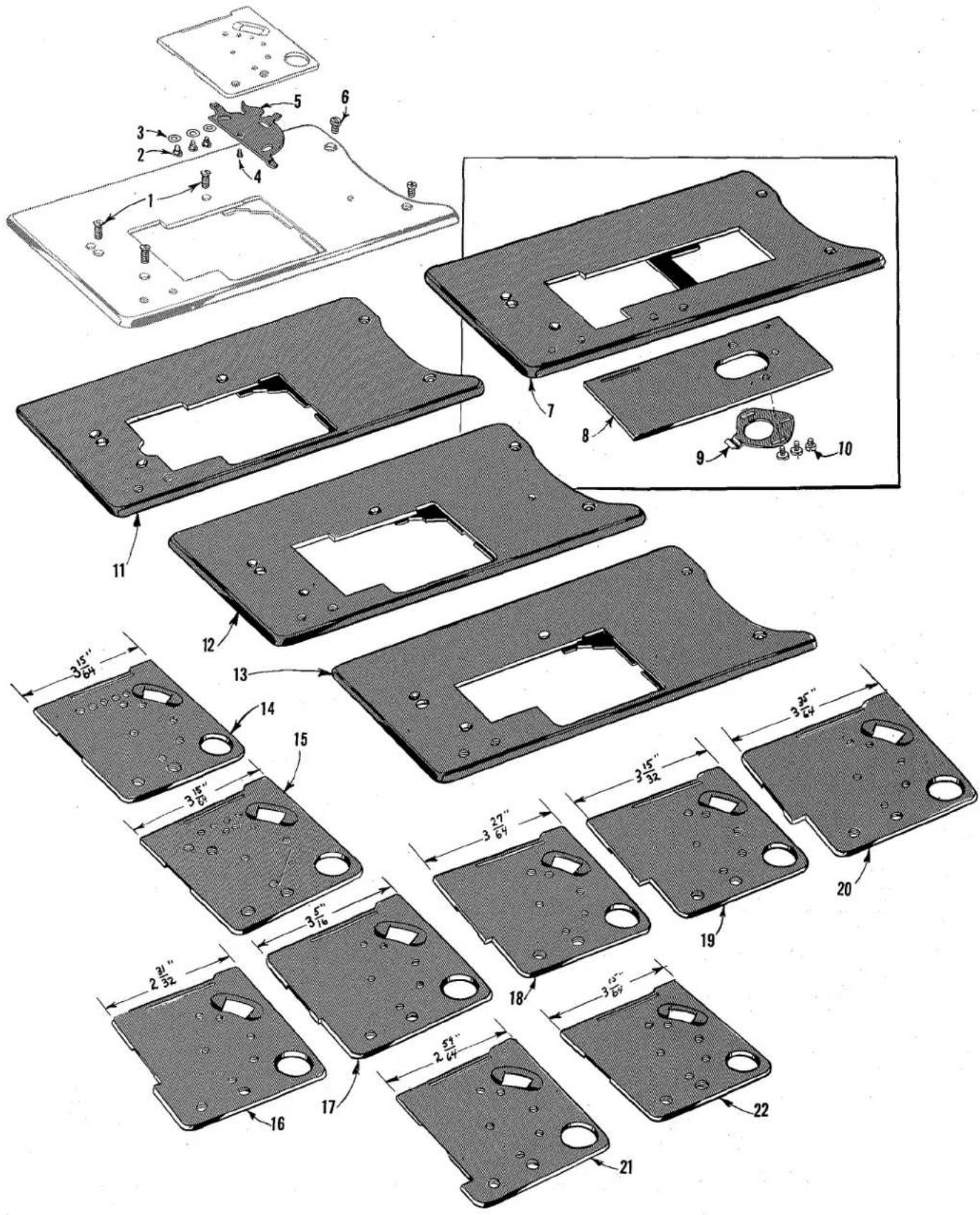 Technical diagram of a mechanical component with numbered parts and dimensional annotations