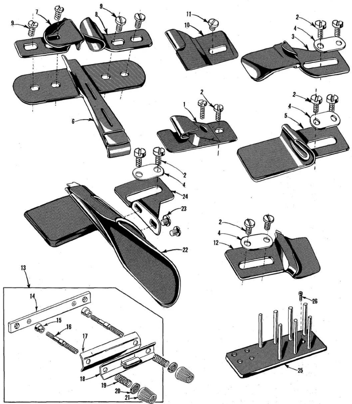 Technical diagram of mechanical assembly with numbered parts and exploded views, likely from an engineering manual.