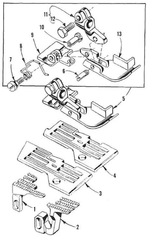 Technical diagram of mechanical assembly with numbered parts, likely a tool or device with labeled parts 1 through 13.