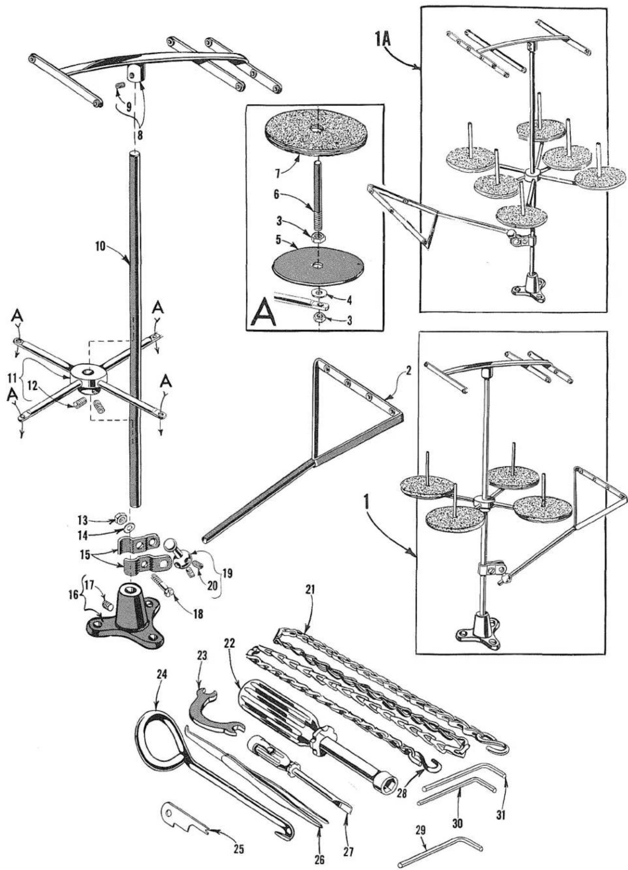 Technical diagram of a mechanical device with numbered parts and exploded views, including assembly steps and component labels.
