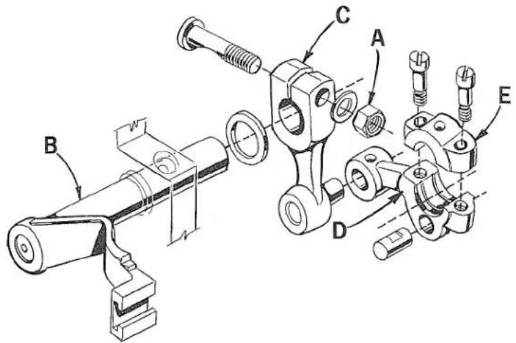 Technical diagram of mechanical assembly with labeled parts A, B, C, D, E