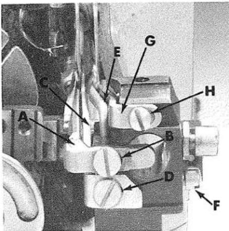 Labeled mechanical or electronic component diagram with numbered parts A through H