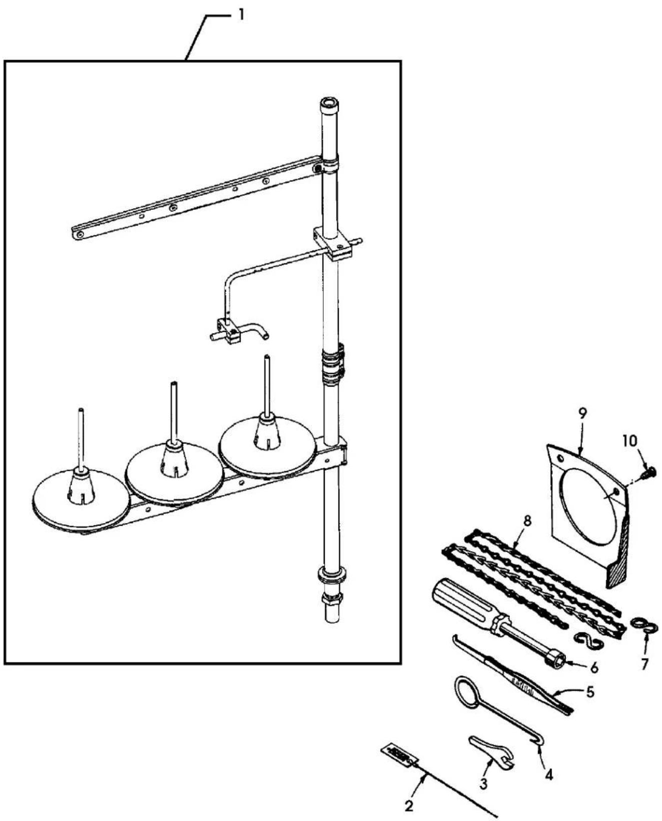 Technical diagram of a mechanical assembly with numbered parts, including a lever mechanism and exploded view of components.
