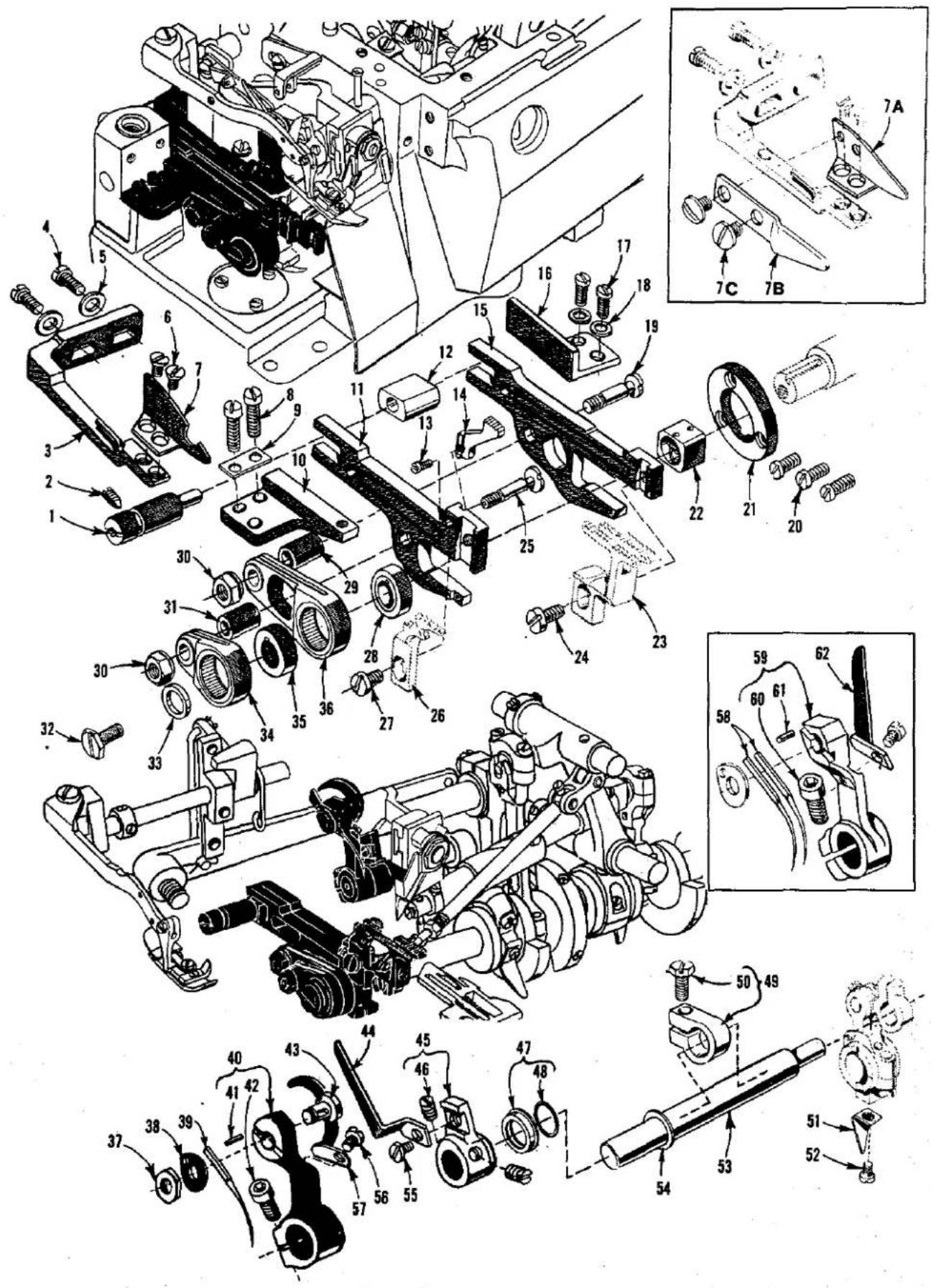 Technical diagram of mechanical assembly with numbered parts and exploded view, including labeled parts 1 through 7B.