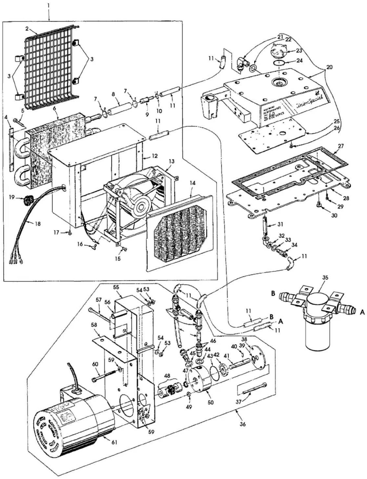 Technical diagram of an industrial machine with numbered components and labeled parts, including a specialized device labeled 'Junior Special'.