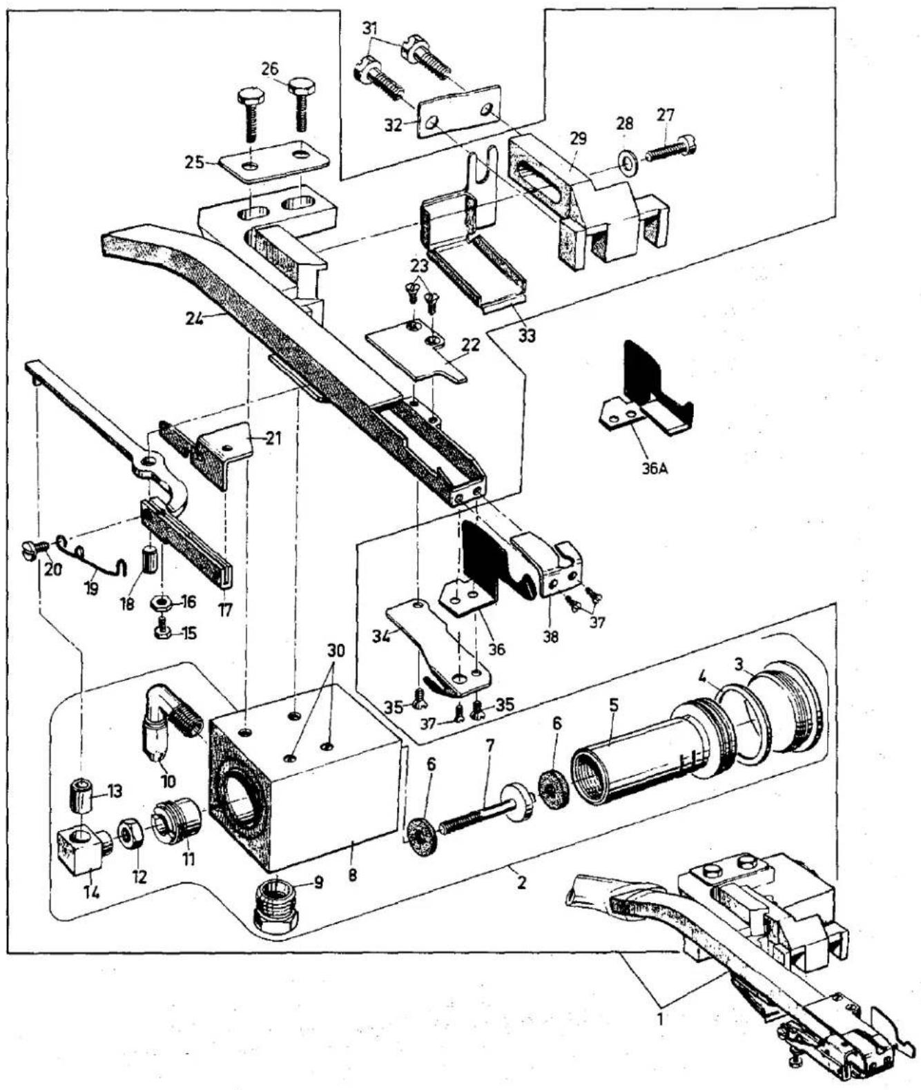 Exploded view diagram of a mechanical assembly with numbered components and labeled parts