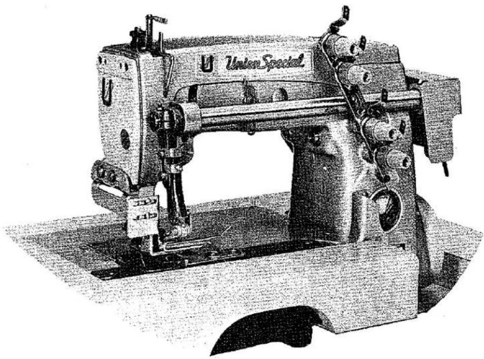 Vintage Union Special sewing machine with visible mechanical arms and base (no text or symbols on the machine body)