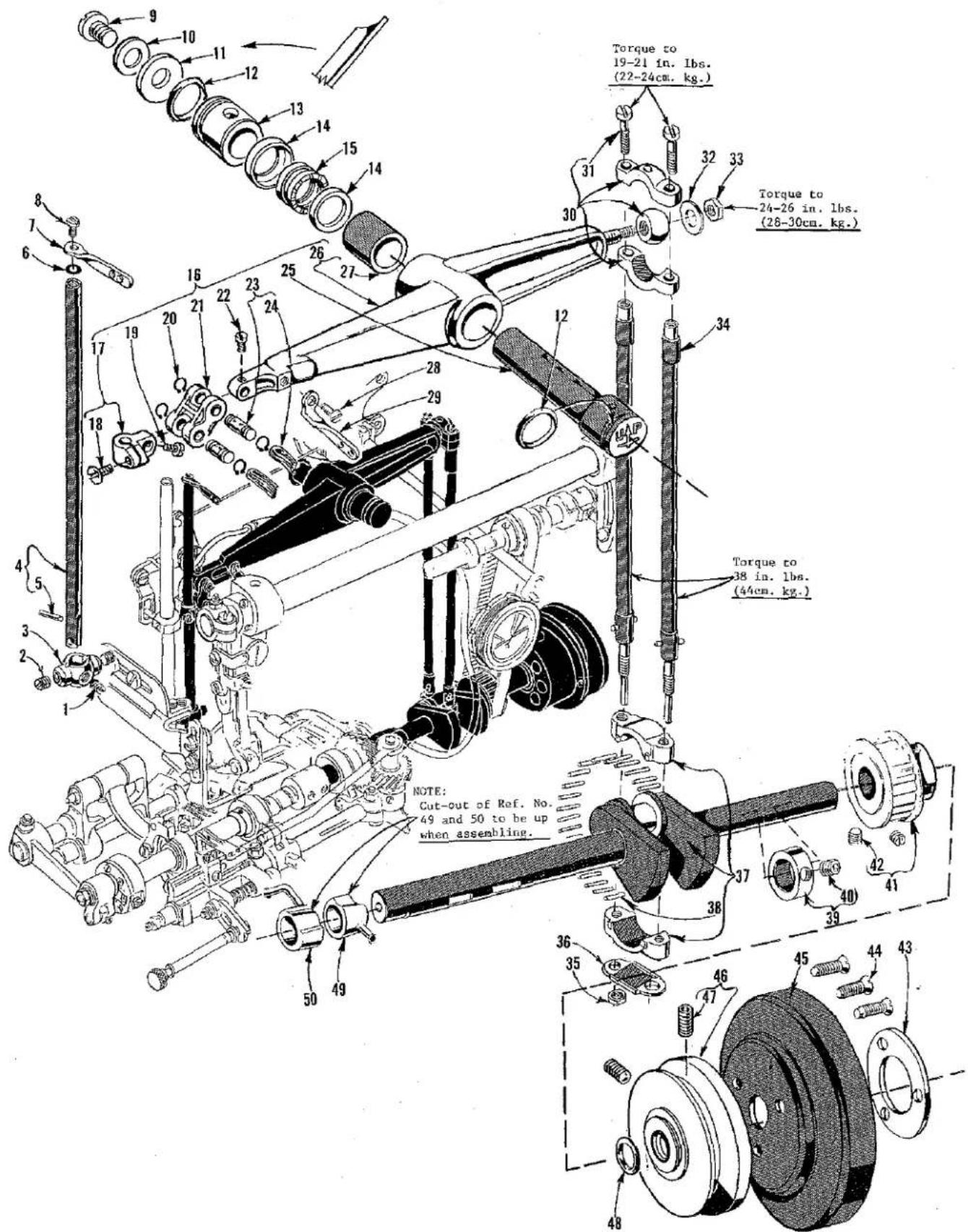 Torque to 19-21 in. lbs. (22-24cm. kg.) Torque to 24-26 in. lbs. (28-30cm. kg.) Torque to 18 in. lbs. (44cm. kg.) NOTE: Cut-out of Ref. No. 49 and 50 to be up when assembling.