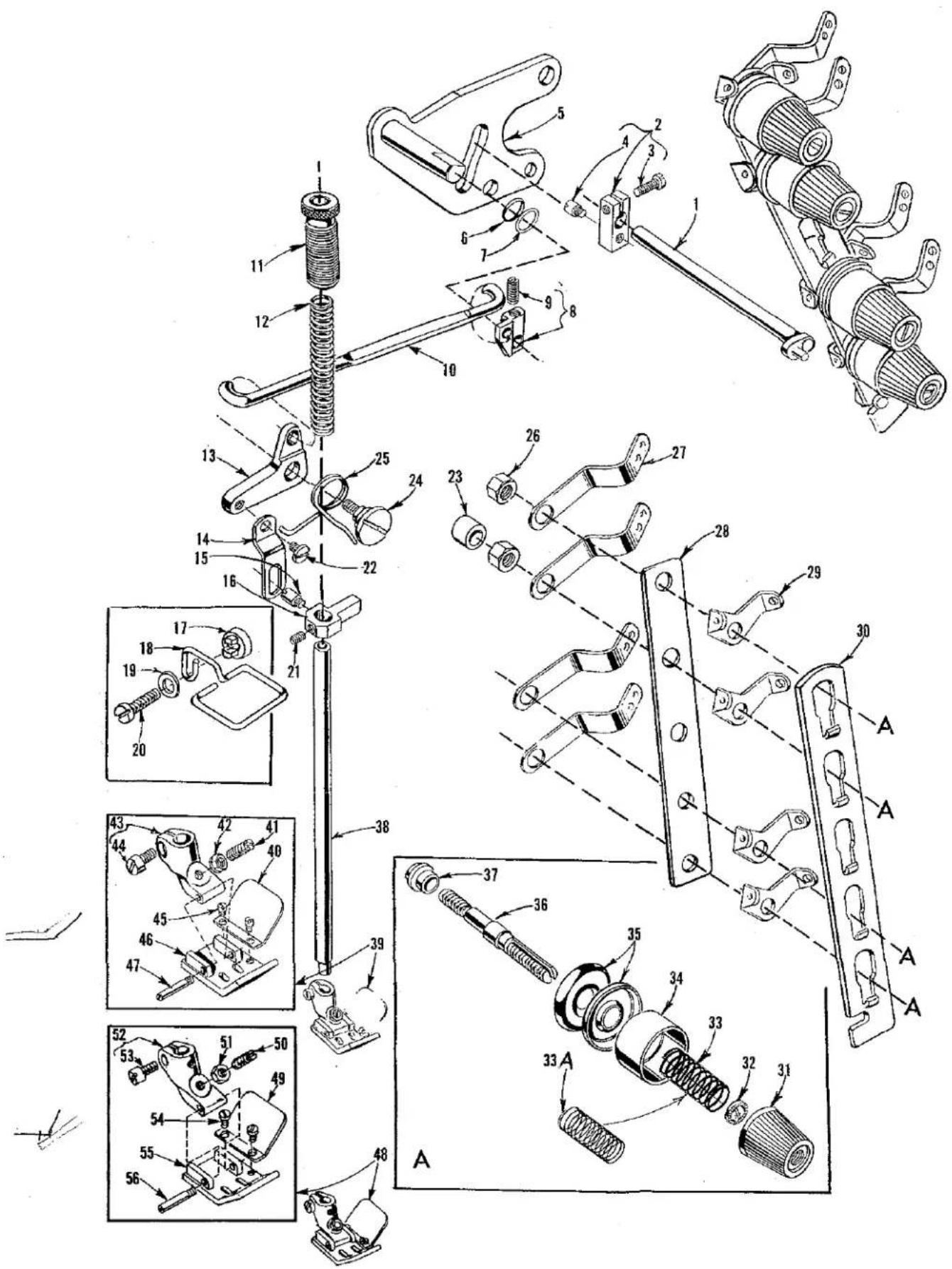 Technical diagram of mechanical assembly with numbered parts and sectional views, likely from an engineering manual.