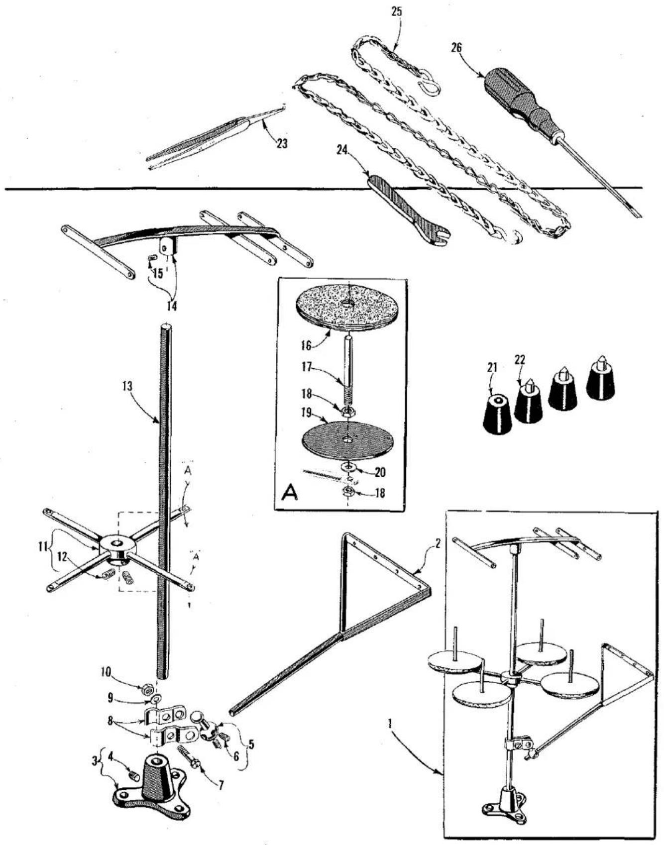 Technical diagram of a mechanical device with numbered components and exploded view, likely for assembly or manufacturing purposes.