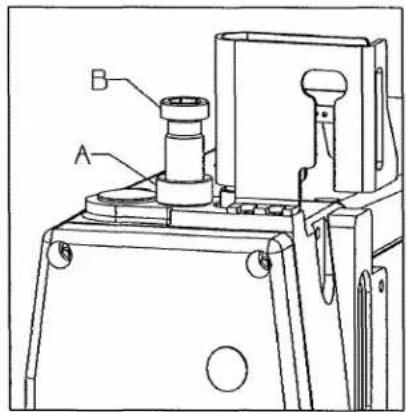 Technical diagram of a mechanical device with labeled components A and B