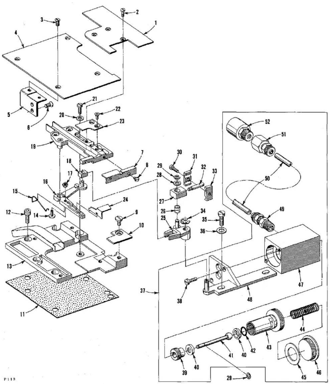 Technical diagram of a mechanical assembly with numbered components and exploded views