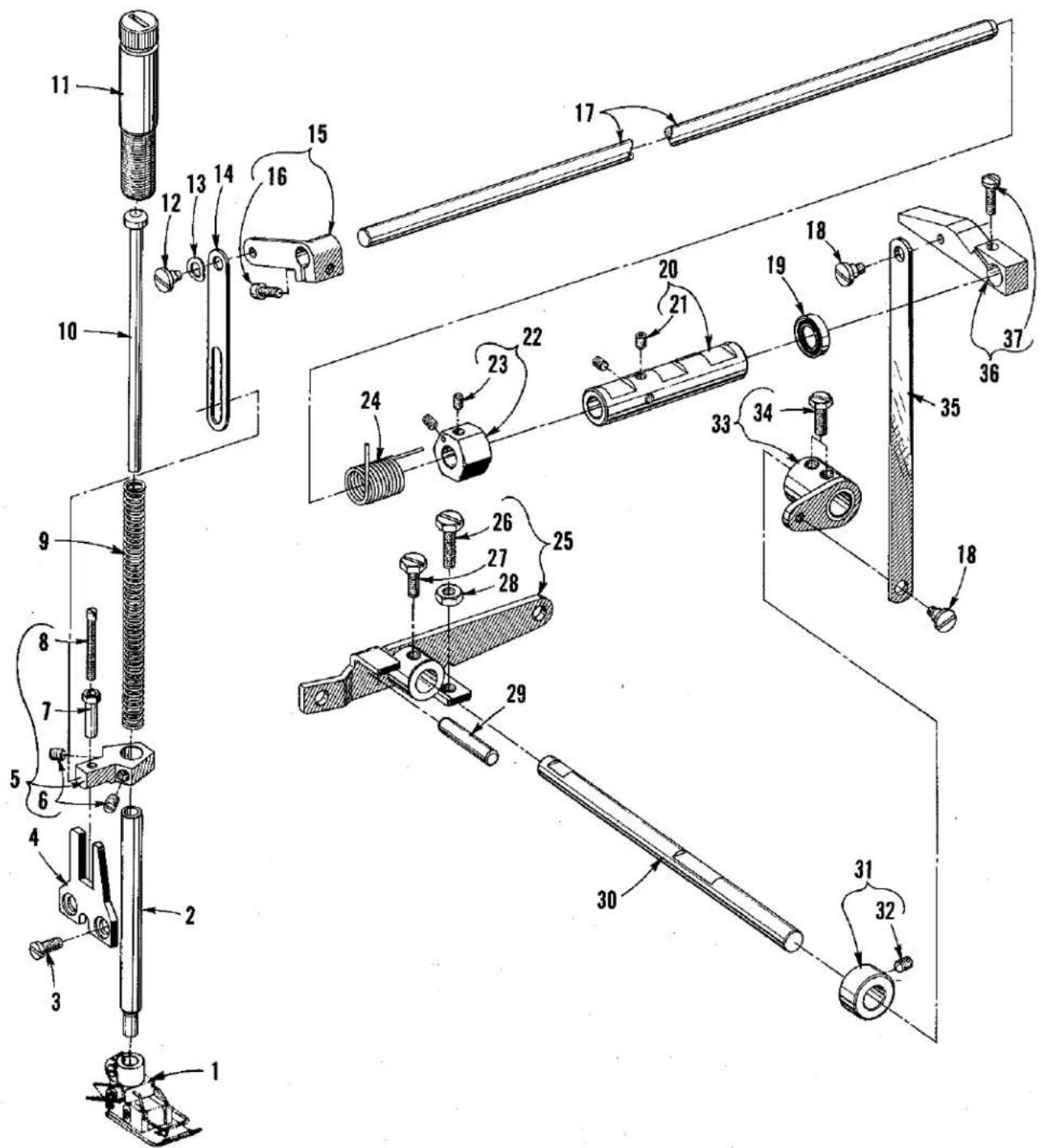 Technical diagram of mechanical assembly with numbered components and exploded views