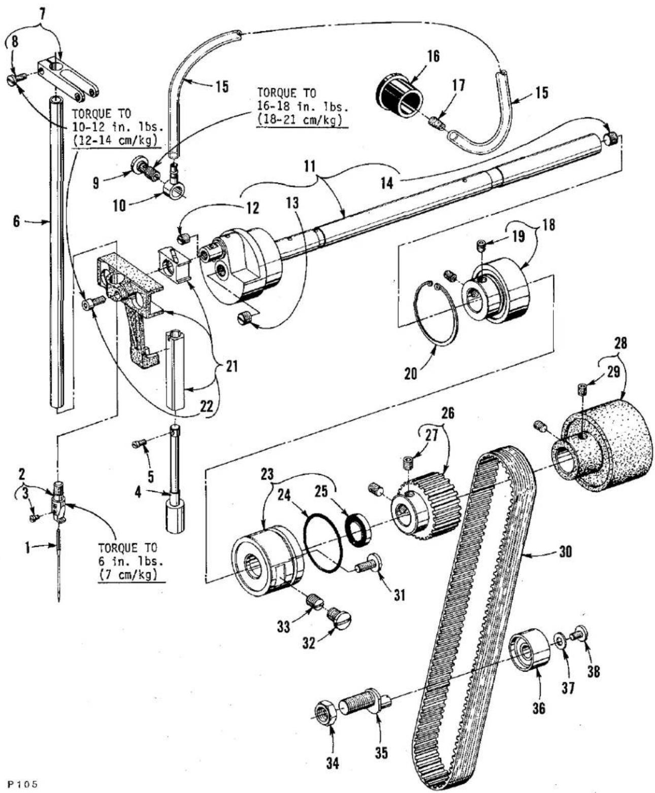 TORQUE TO 10-12 in. 1bs. (12-14 cm/kg) TORQUE TO 16-18 in. 1bs. (18-21 cm/kg) TORQUE TO 10-12 in. 1bs. (12-14 cm/kg) TORQUE TO 6 in. 1bs. (7 cm/kg) P105