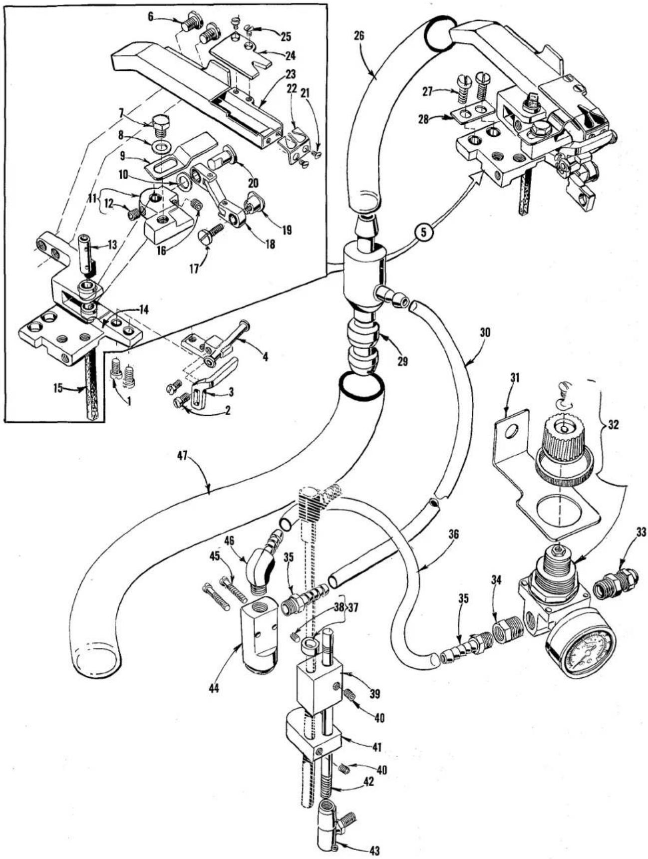 Technical diagram of a mechanical assembly with numbered components and labeled parts