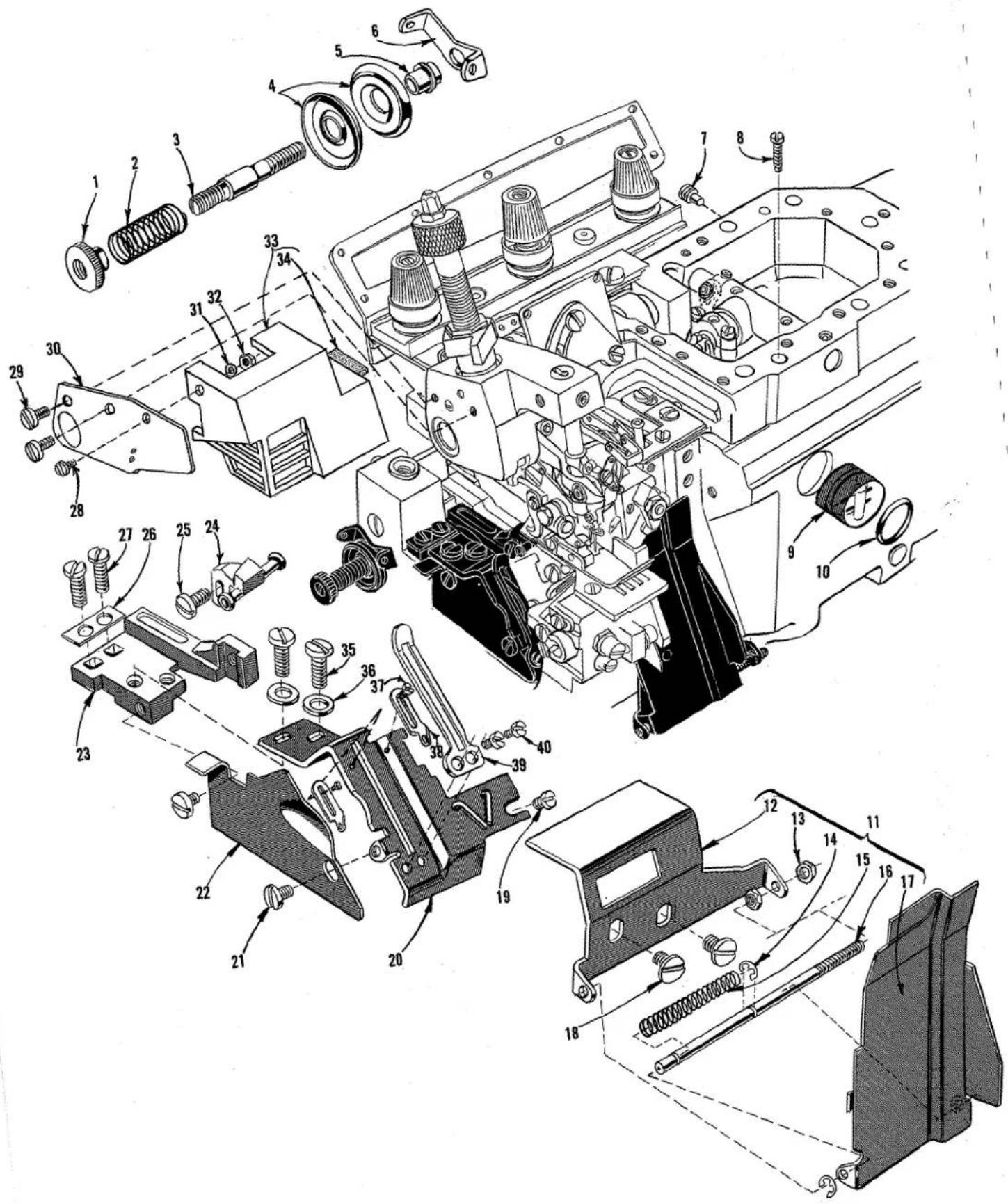Technical diagram of an internal combustion engine assembly with numbered components for identification.