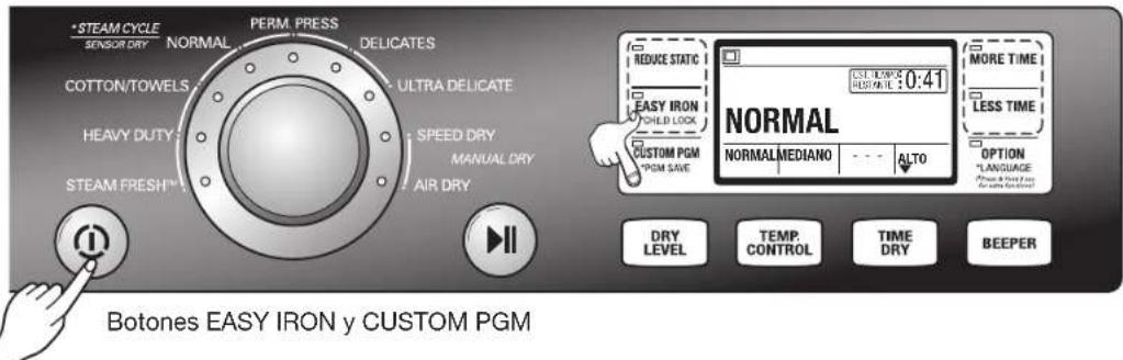 STEAM CYCLE SENSOR DRY NORMAL DELICATES COTTON/TOWELS ULTRA DELICATE HEAVY DUTY SPEED DRY MANUAL DRY STEAM FRESH AIR DRY BOTONES EASY IRON y CUSTOM PGM REDUCE STATIC EASY IRON CHILD LOCK CUSTOM PGM POM SAVE MORE TIME REST. LOW DOCK 0:41 NORMAL NORMAL MEDIANO ALTO DRY LEVEL TEMP. CONTROL TIME DRY BEEPER LESS TIME OPTION LANGUAGE Please refer to your right DRY LEVEL TEMP. CONTROL TIME DRY BEEPER