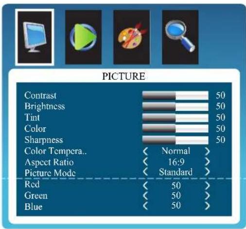 PICTURE Contrast 50 Brightness 50 Tint 50 Color 50 Sharpness 50 Color Tempere.. ( Normal ) Aspect Ratio ( 16:9 ) Picture Mode ( Standard ) Red ( 50 ) Green ( 50 ) Blue ( 50 )