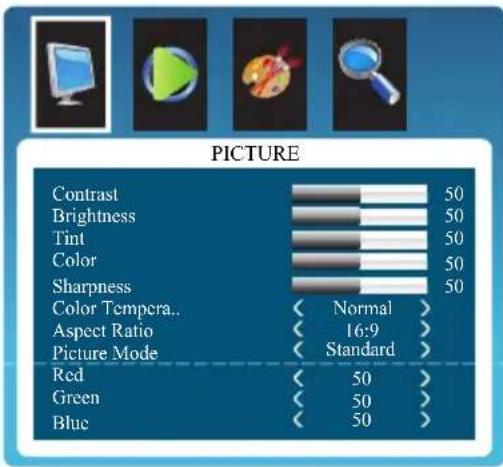 PICTURE Contrast 50 Brightness 50 Tint 50 Color 50 Sharpness 50 Color Tempere.. ( Normal ) Aspect Ratio ( 16:9 ) Picture Mode ( Standard ) Red ( 50 ) Green ( 50 ) Blue ( 50 )