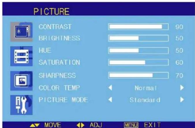 PICTURE CONTRAST 90 BRIGHTNESS 50 HUE 50 SATURATION 60 SHARPNESS 70 COLOR TEMP Normal PICTURE MODE Standard MOVE ADJ MENU EXIT