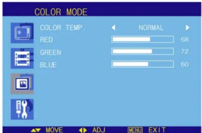 COLOR MODE COLOR TEMP. RED GREEN BLUE NORMAL 68 72 60 MOVE ADJ MENU EXIT