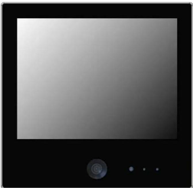 Front view of a flat-screen monitor with a circular button and three small dots below (no text or symbols visible)