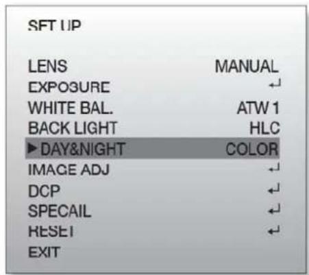 SFT UP LENS MANUAL EXPOSURE WHITE BAL. ATW 1 BACK LIGHT HLC DAY&NIGHT COLOR IMAGE ADJ DCP SPECAIL RESET EXIT