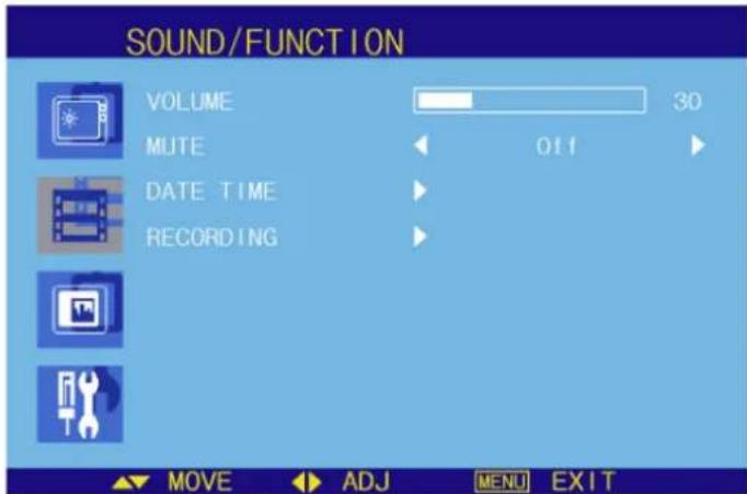 SOUND/FUNCTION VOLUME 30 MUTE Off DATE TIME RECORDING MOVE ADJ MENU EXIT