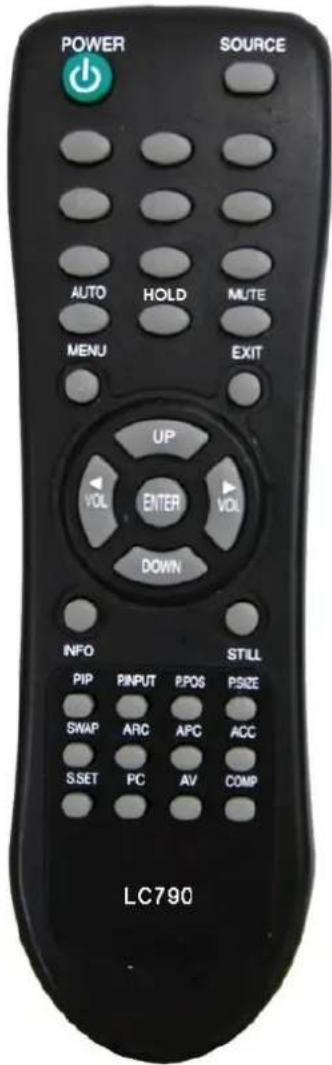 POWER SOURCE AUTO HOLD MUTE MENU EXIT UP VOL ENTER VOL DOWN INFO STILL PIP PINPUT PPOS PSIZE SWAP ARC APC ACC SSET PC AV COMP LC790