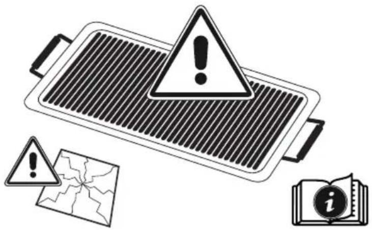 Warning symbol image showing a battery with warning triangle, warning triangle with exclamation mark, and a map with a map icon and an open book with an information symbol.