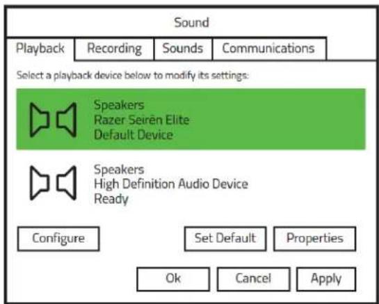 Sound Playback Recording Sounds Communications Select a playback device below to modify its settings: Speakers Razer Seirën Elite Default Device Speakers High Definition Audio Device Ready Configure Set Default Properties Ok Cancel Apply
